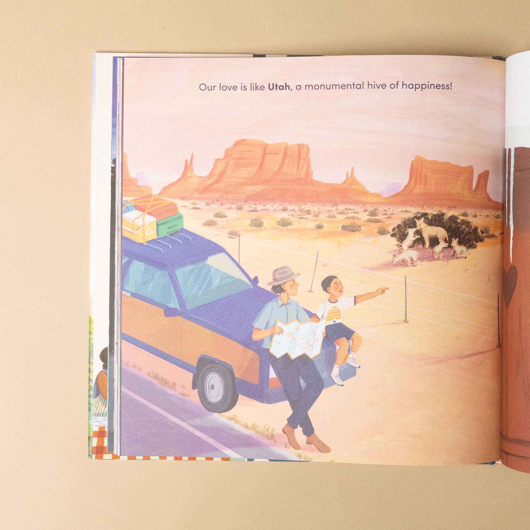 50-states-of-love Illustration of a father and son with a car and map in Utah, with text about love and happiness.