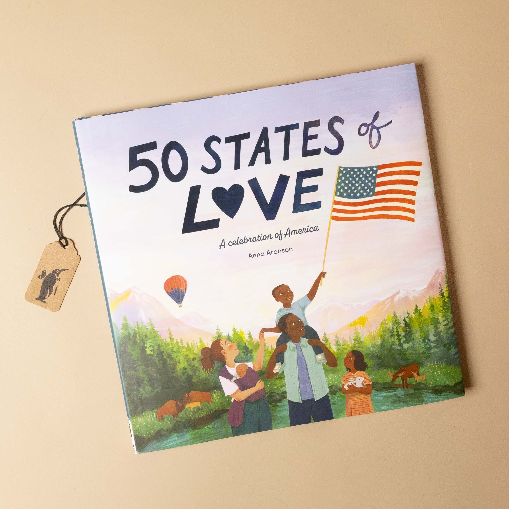 Book titled '50 States of Love' with illustrations of people and an American flag on a beige background.