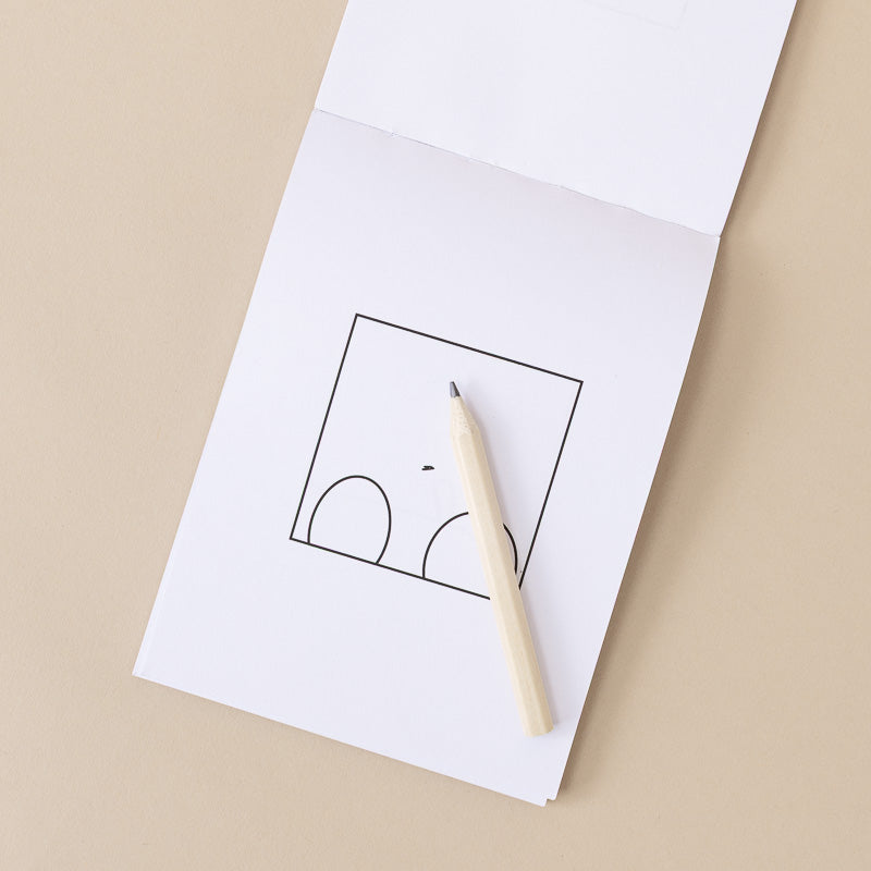 A white notebook or paper sheet with a minimalist black line drawing, styled with a light wood pencil on a warm beige background.