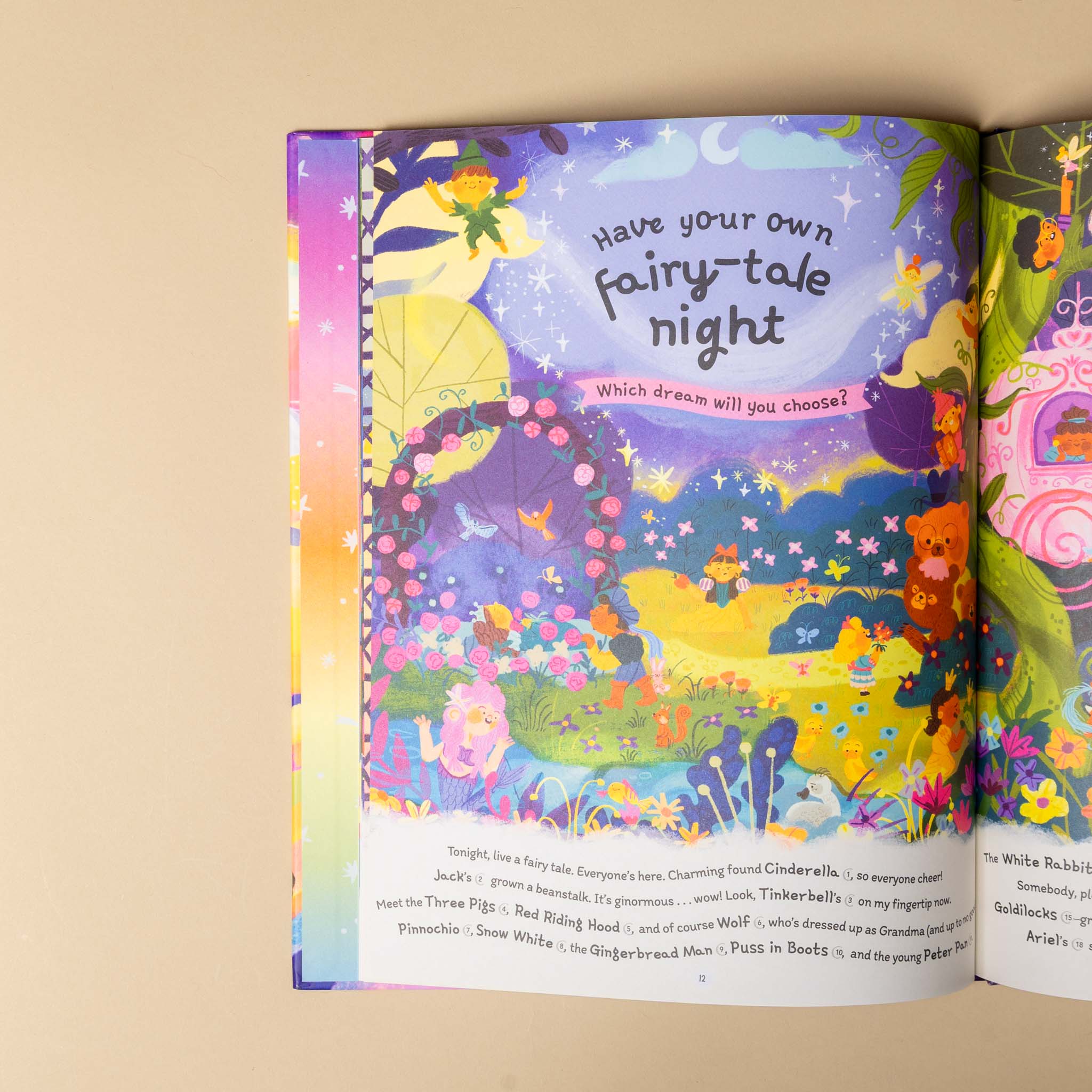 Colorful children's 500-dreams-a-seek-and-find open to a page with fairy-tale illustrations and text.