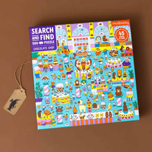 Load image into Gallery viewer, 500-piece-seek-and-find-puzzle-chocolate-shop-colorful-box-with-images-of-a-large-store-with-all-kinds-of-shopper-and-sweet-treat-displays