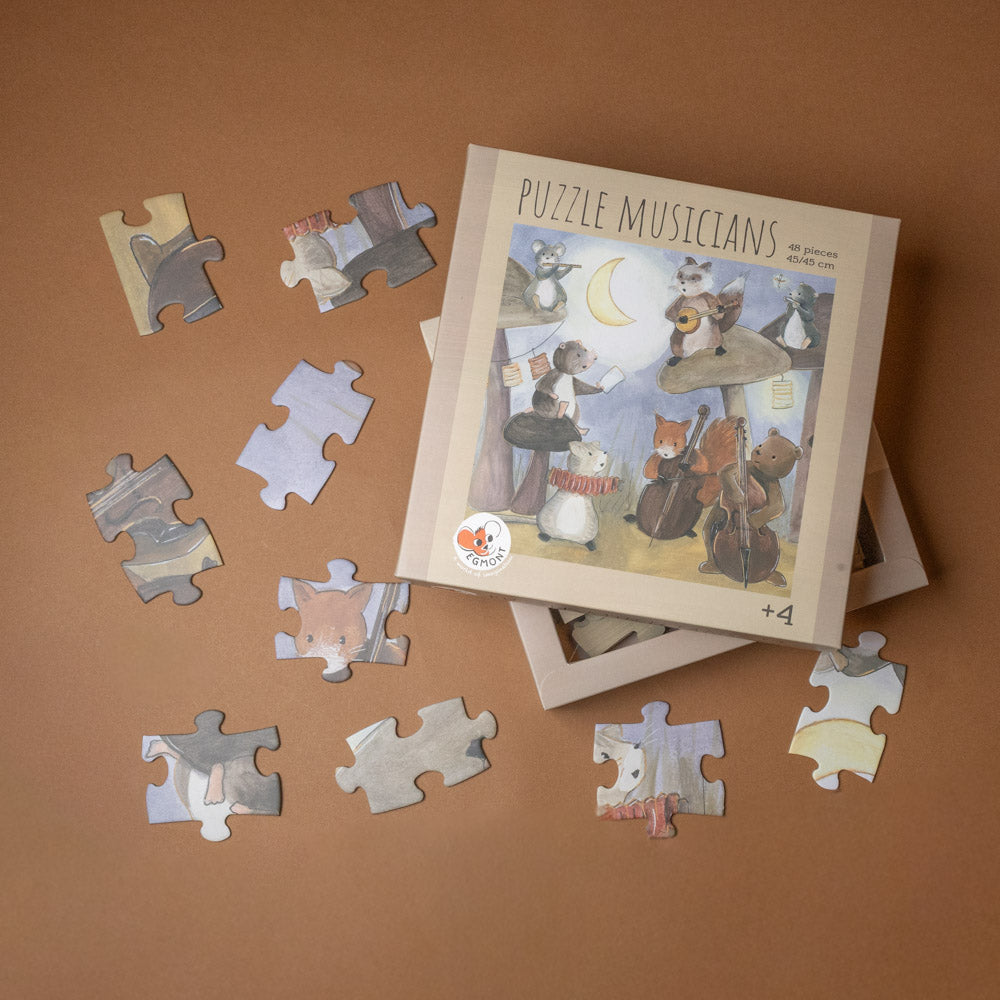 mushroom-musicians-48-piece-puzzle Puzzle with animal illustrations on a brown background