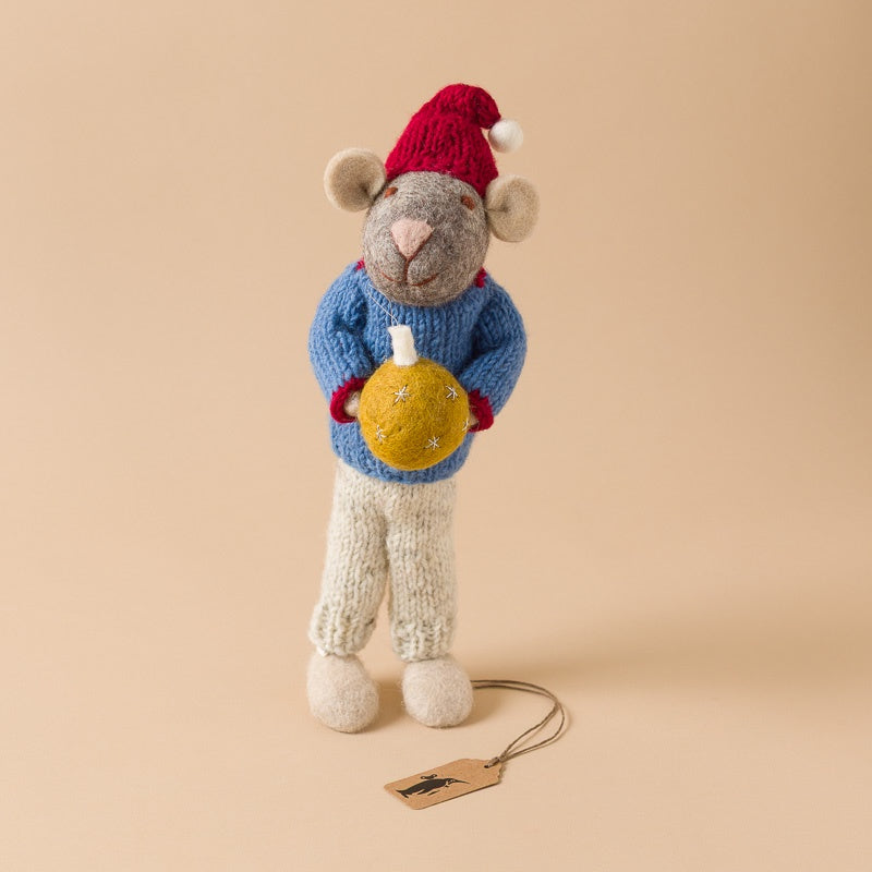Felted-Grey-Mouse-red-hat-Blue-Sweater-with-Holiday-Ornament-yellow