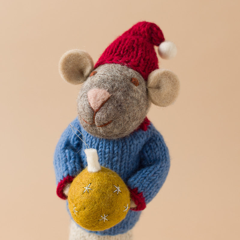 Felted-Grey-Mouse-red-hat-Blue-Sweater-with-Holiday-Ornament-yellow