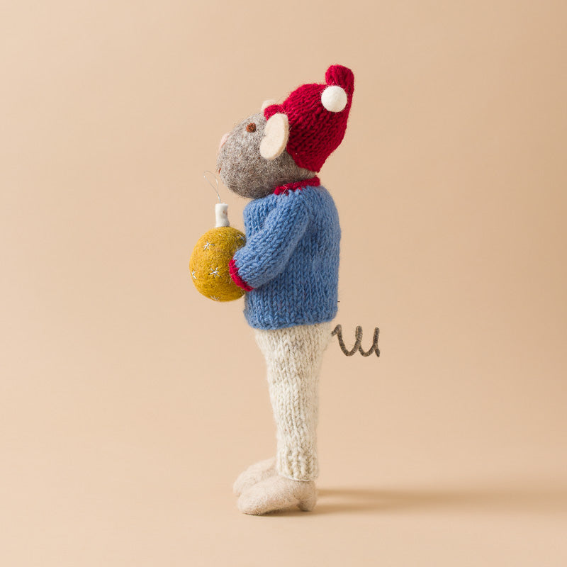 Felted-Grey-Mouse-red-hat-Blue-Sweater-with-Holiday-Ornament-yellow curly tail
