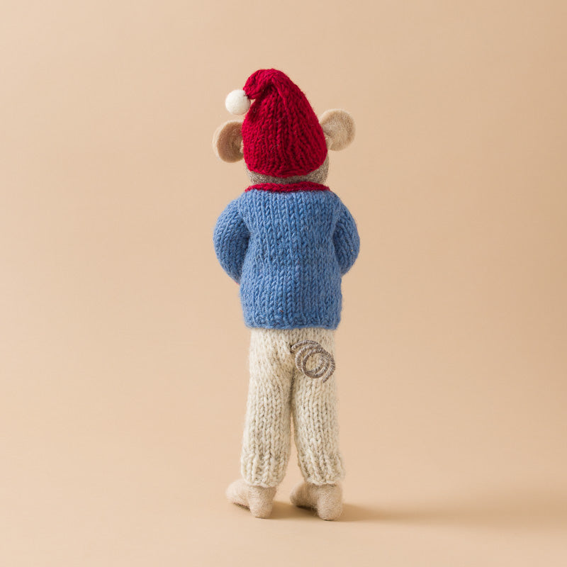 Felted-Grey-Mouse-red-hat-Blue-Sweater-with-Holiday-Ornament-yellow back curly tail
