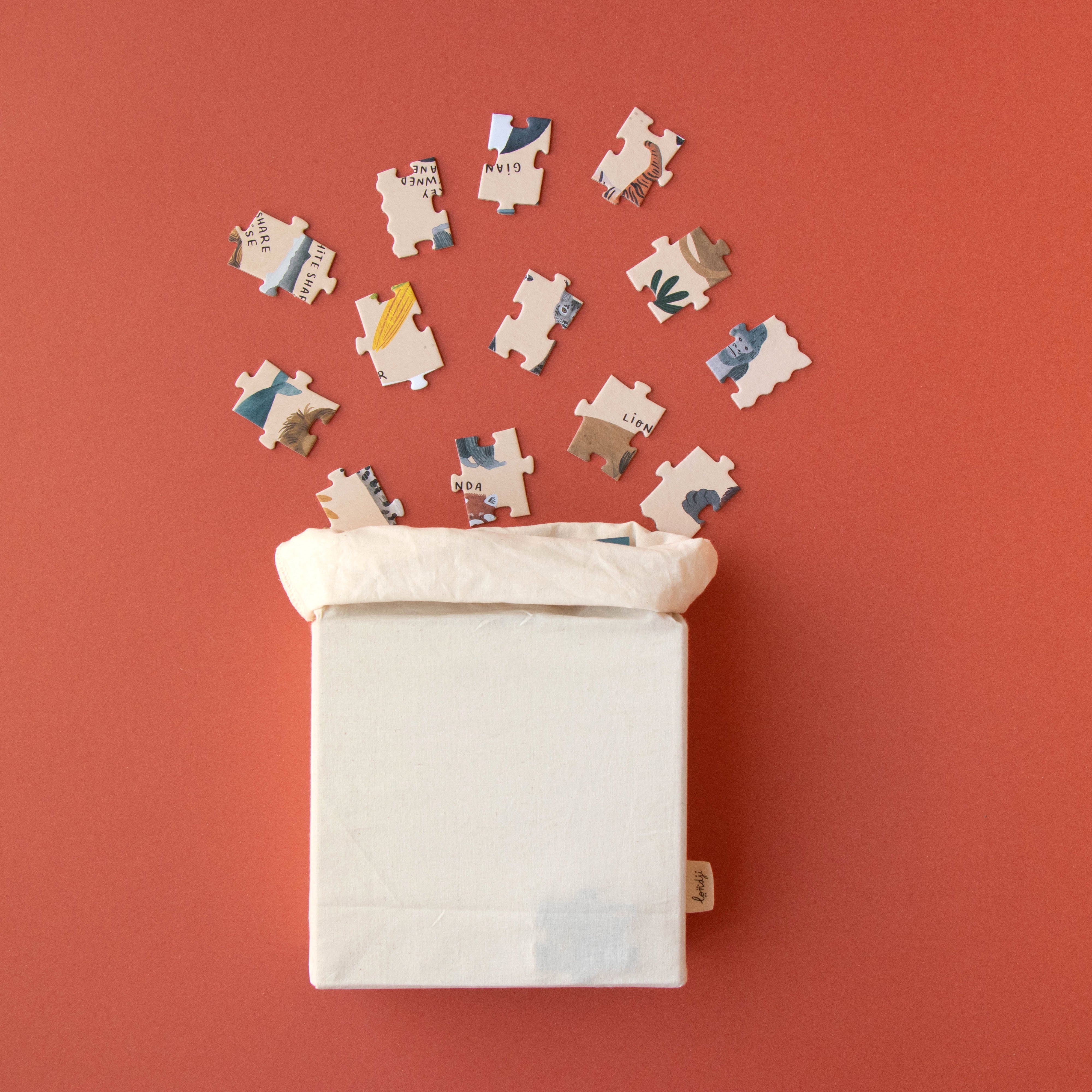 200-piece-life-puzzle pieces spilling out of a box on a red background