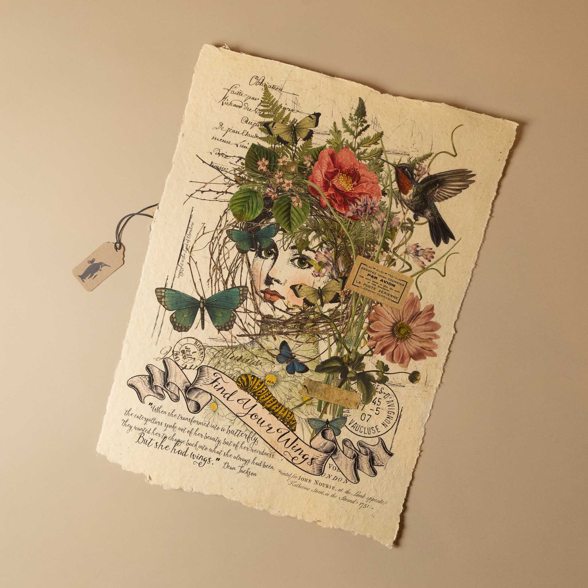 Decorative Paper-Print-Find-Your-Wings with a vintage design featuring flowers, butterflies, and text on a beige background.