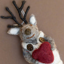 Load image into Gallery viewer, close-up-felted-grey-deer-ornament-heather-knit-dress-with-heart