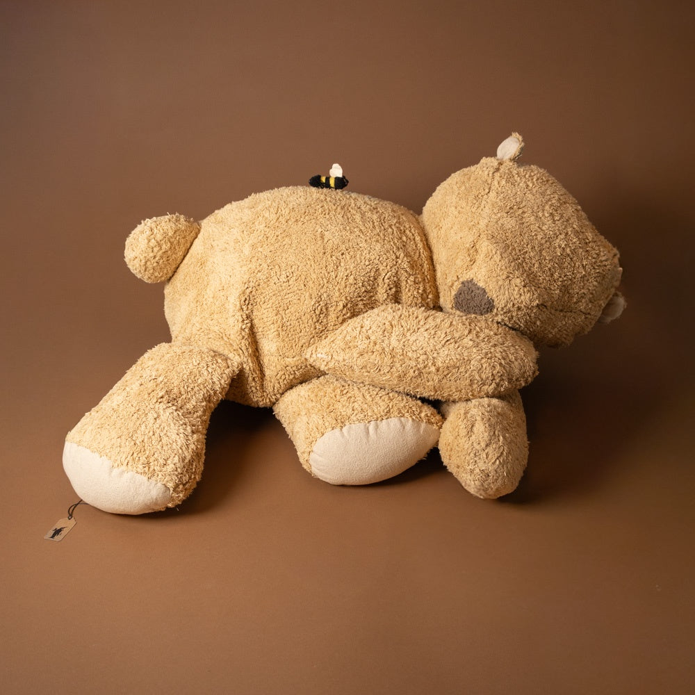 Sleepy-Bear-Floor-Cushion Beige teddy bear lying on a brown background