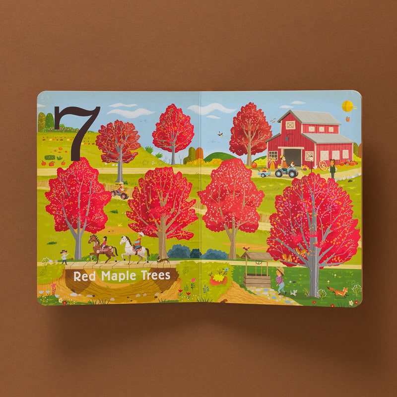 Trees-A-Count-Find-Primer-Board-Book open page to 7 red maple trees