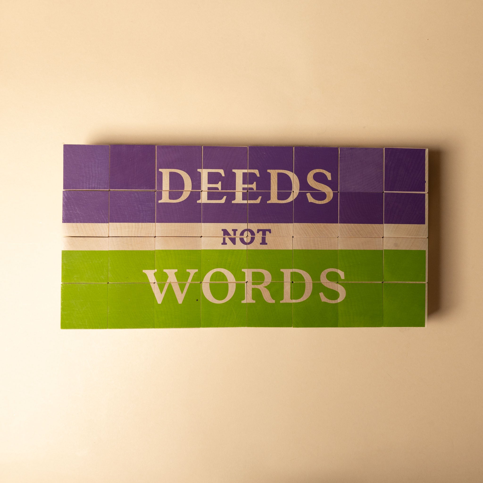 Decorative Women-Who-Dared-Wooden-Block-Set with 'Deeds Not Words' text on a beige background
