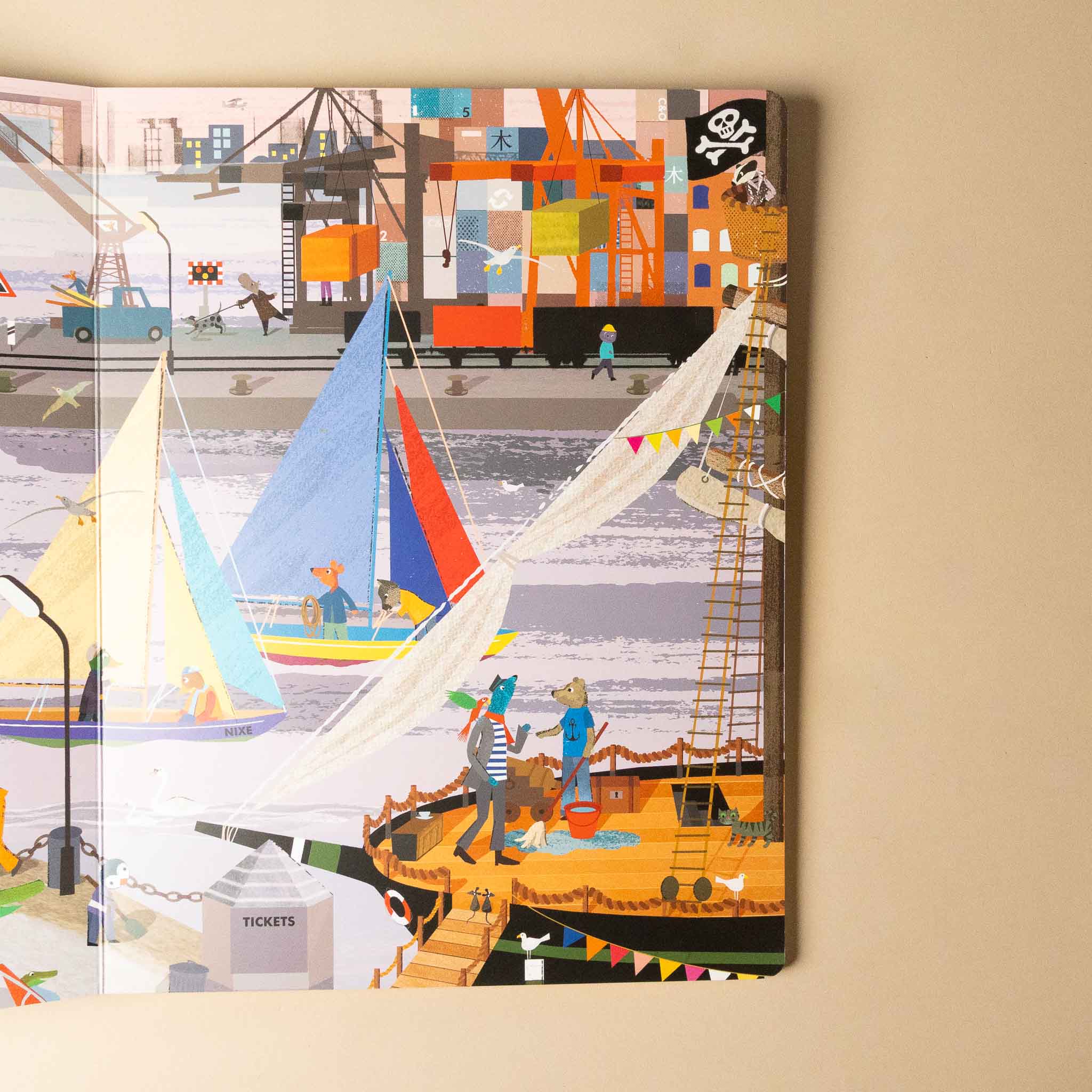  a-day-at-fluffyville-port-seek-and-find-book Colorful illustration of a harbor scene with ships and people on a beige wall.