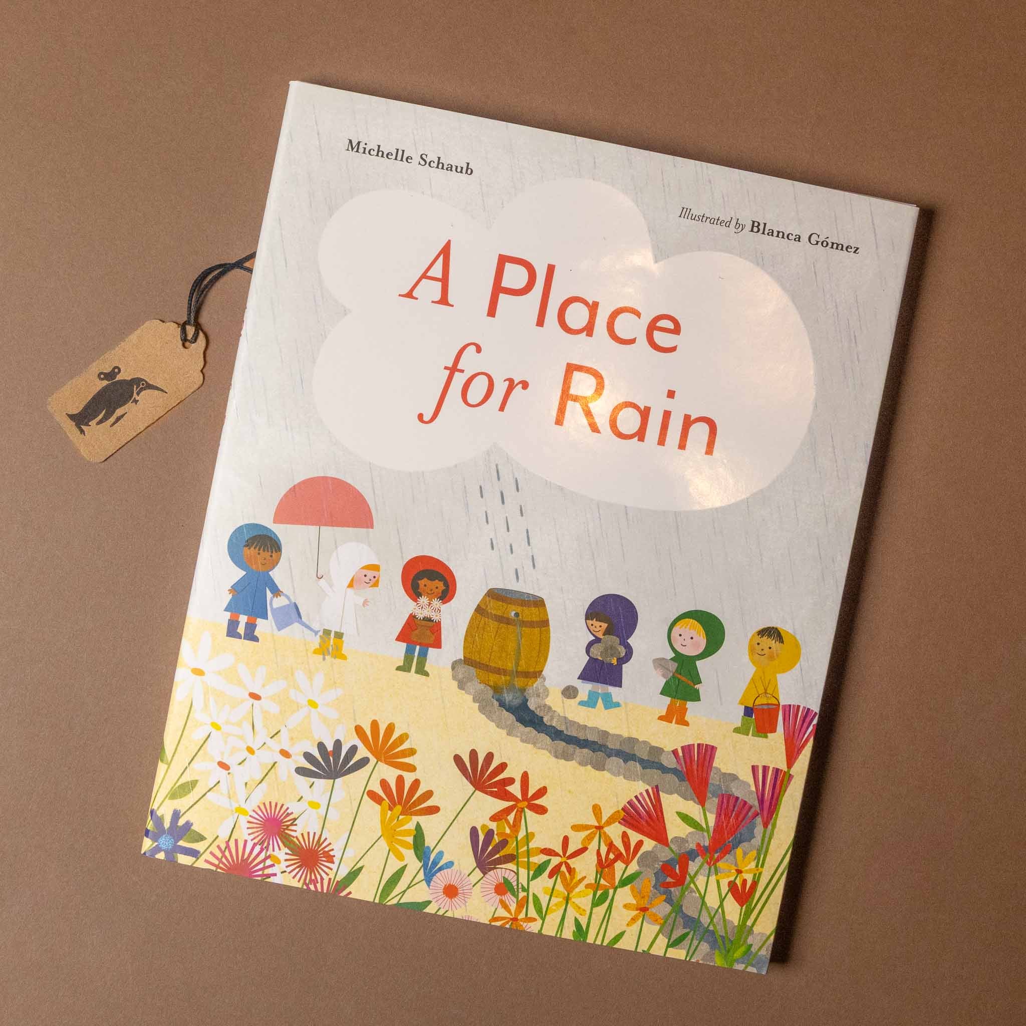Children's book titled 'A Place for Rain' on a brown background