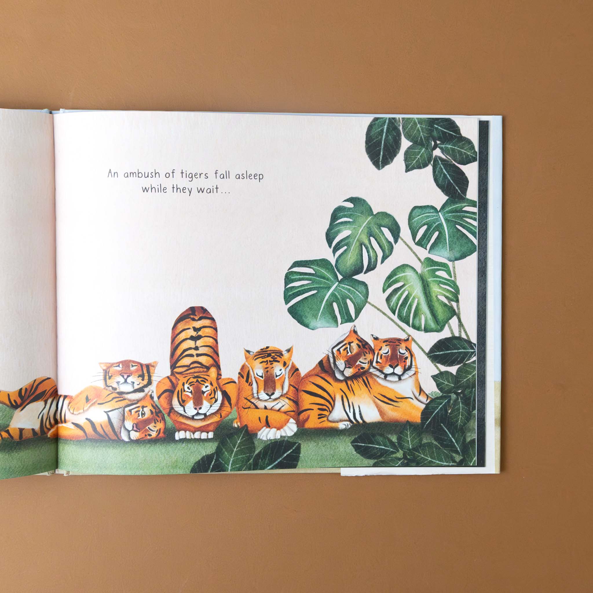 a-sleuth-of-bears-and-other-amusing-beguiling-and-peculiar-collective-nouns-illustration-of-tigers-amongst-monstera-leaves-and-text