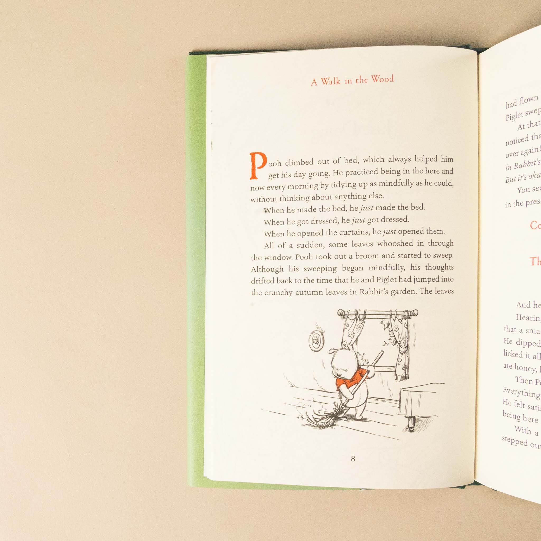 Open a-walk-in-the-wood with a page featuring text and a small illustration of a dog on a beige background