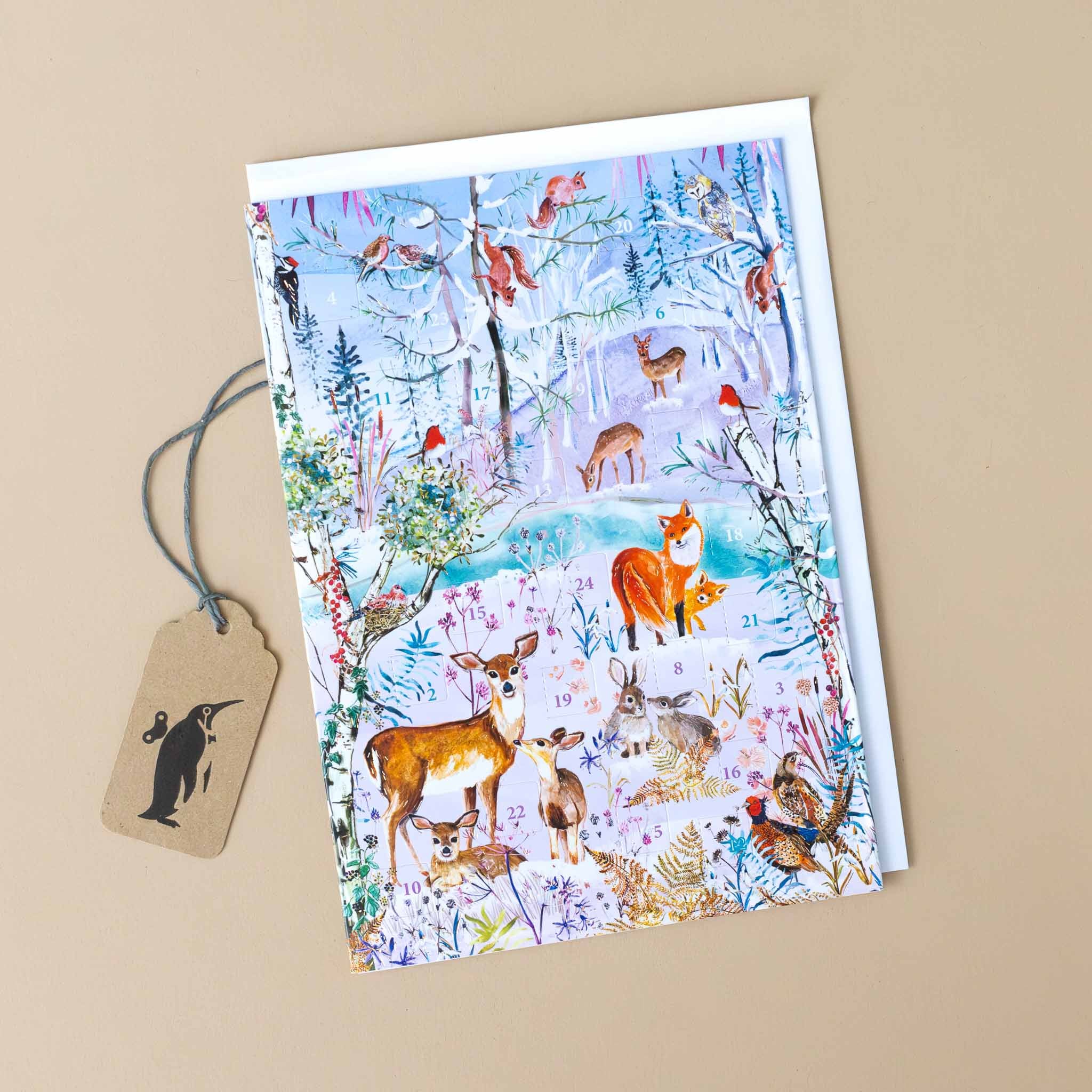 advent-calendar-greeting-card-winter-forest-with-fox-deer-bunny-pheasant-squirrel-and-many-other-forest-animals