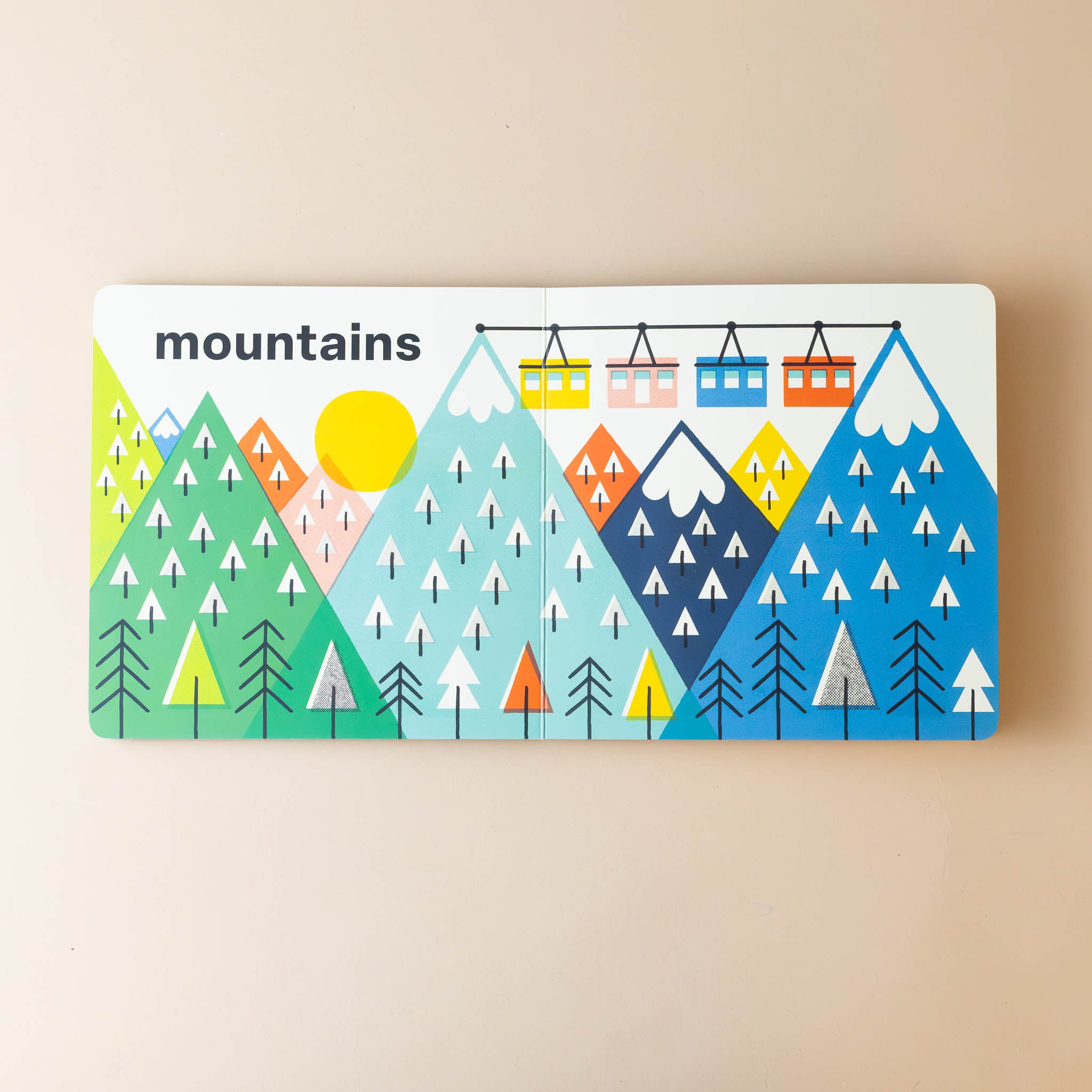 all-about-us-our-world-board-book-interior-page-with-mountains-text-and-illustration-of-mountains-and-gondolas 