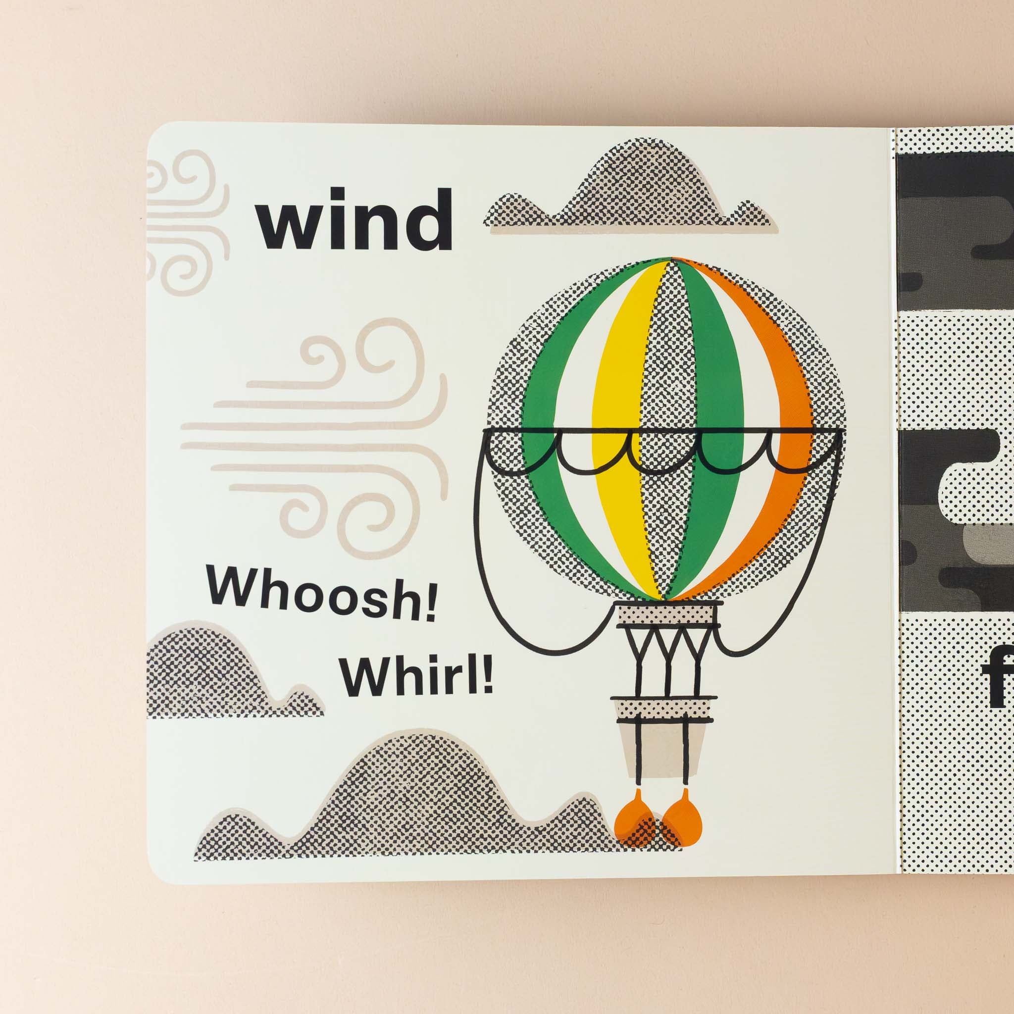 all-about-us-our-world-board-book-interior-page-with-text-wind-whoosh-whirl-and-illustration-of-hot-air-balloon