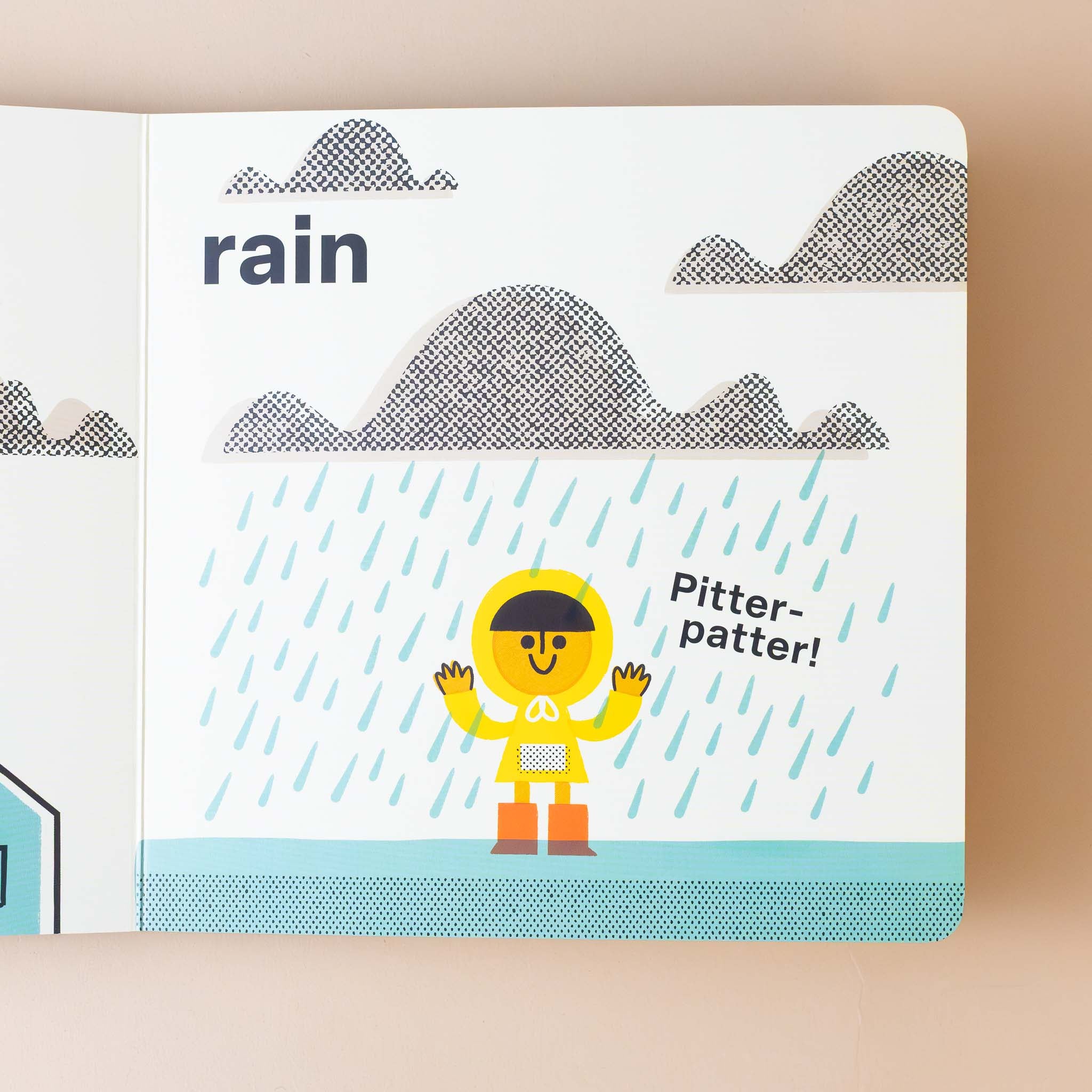 all-about-us-our-world-board-book-interior-page-with-rain-pitter-patter-text-and-illustration-of-child-in-raincoat-in-rain