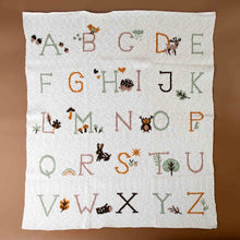 Load image into Gallery viewer, alphabet-blanket-natural-with-woodland-animals-and-letters