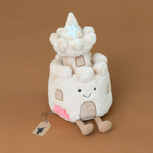 Load image into Gallery viewer, beige-amuseable-sandcastle-with-doors-windows-starfish-pink-seashell-stuffed-toy