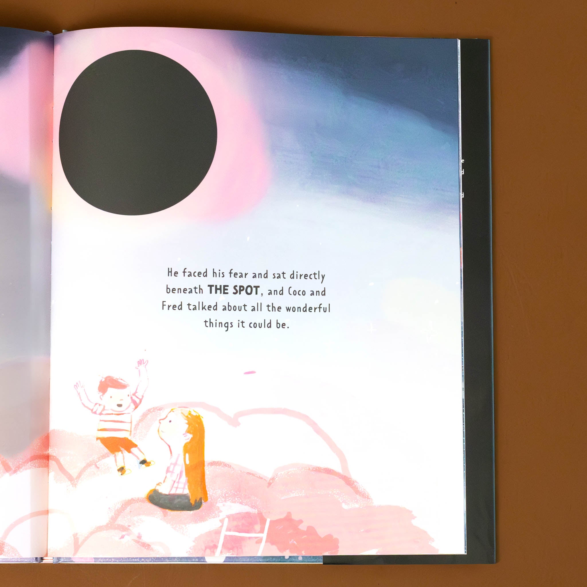 he-faced-his-fear-and-sat-directly-beneath-th-spot-and-coco-and-fred-talked-about-all-the-wonderful-things-it-could-be-with-image-of-two-children-brightly-discussing-beneath-a-dot