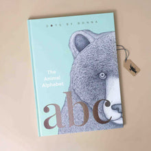 Load image into Gallery viewer, animal-alphabet-baby-blue-cover-with-black-and-white-illustration-of-bear-and-letters-abc-in-silver-foil