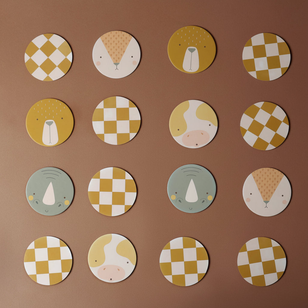 Set of round, colorful animal-faces-memory-game