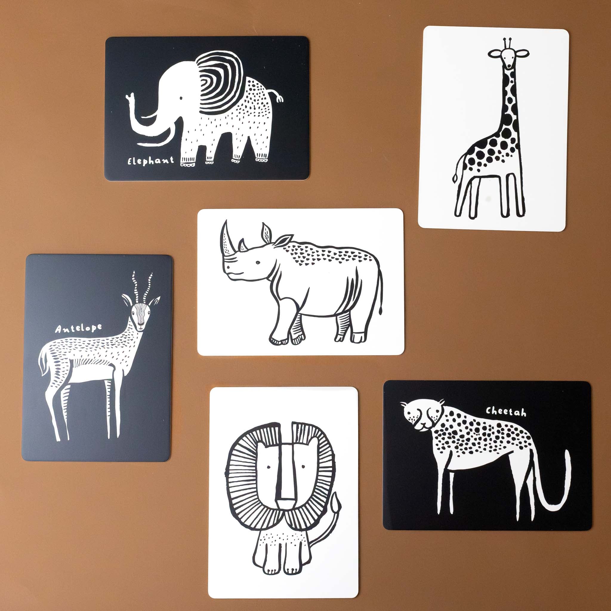 black-and-white-art-cards-for-baby---safari-box-with-elephant-giraffe-antelope-lion-cheetah-rhino