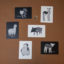 Load image into Gallery viewer, example-black-and-white-cards-lamb-alpaca-duckling-deer-and-penguin