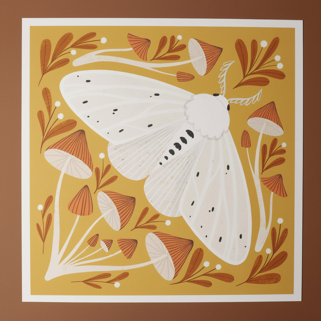 Illustration of a white moth with black spots on a yellow background with red mushrooms and brown leaves.