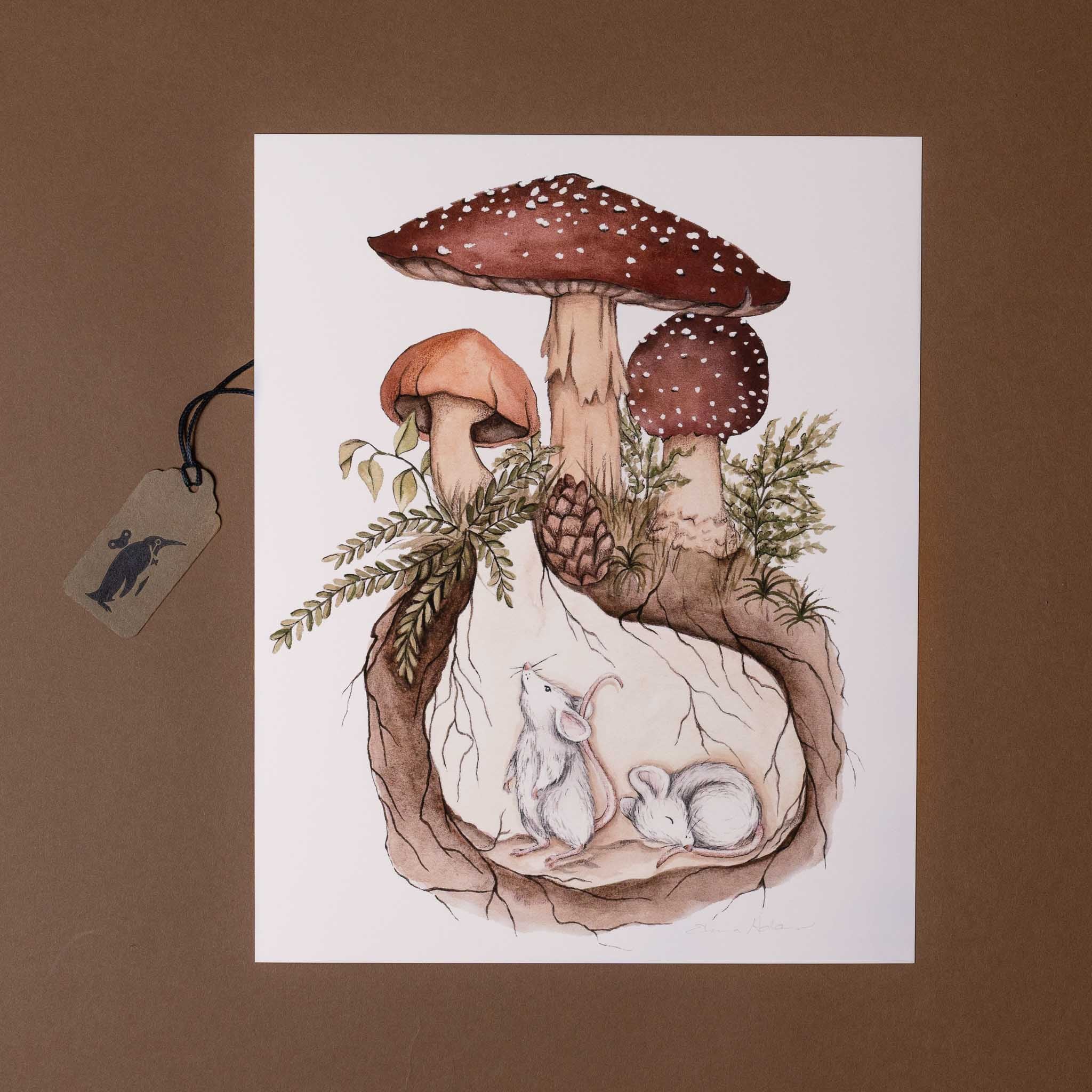 Illustration of mushrooms and small animals on a white background with a brown border.