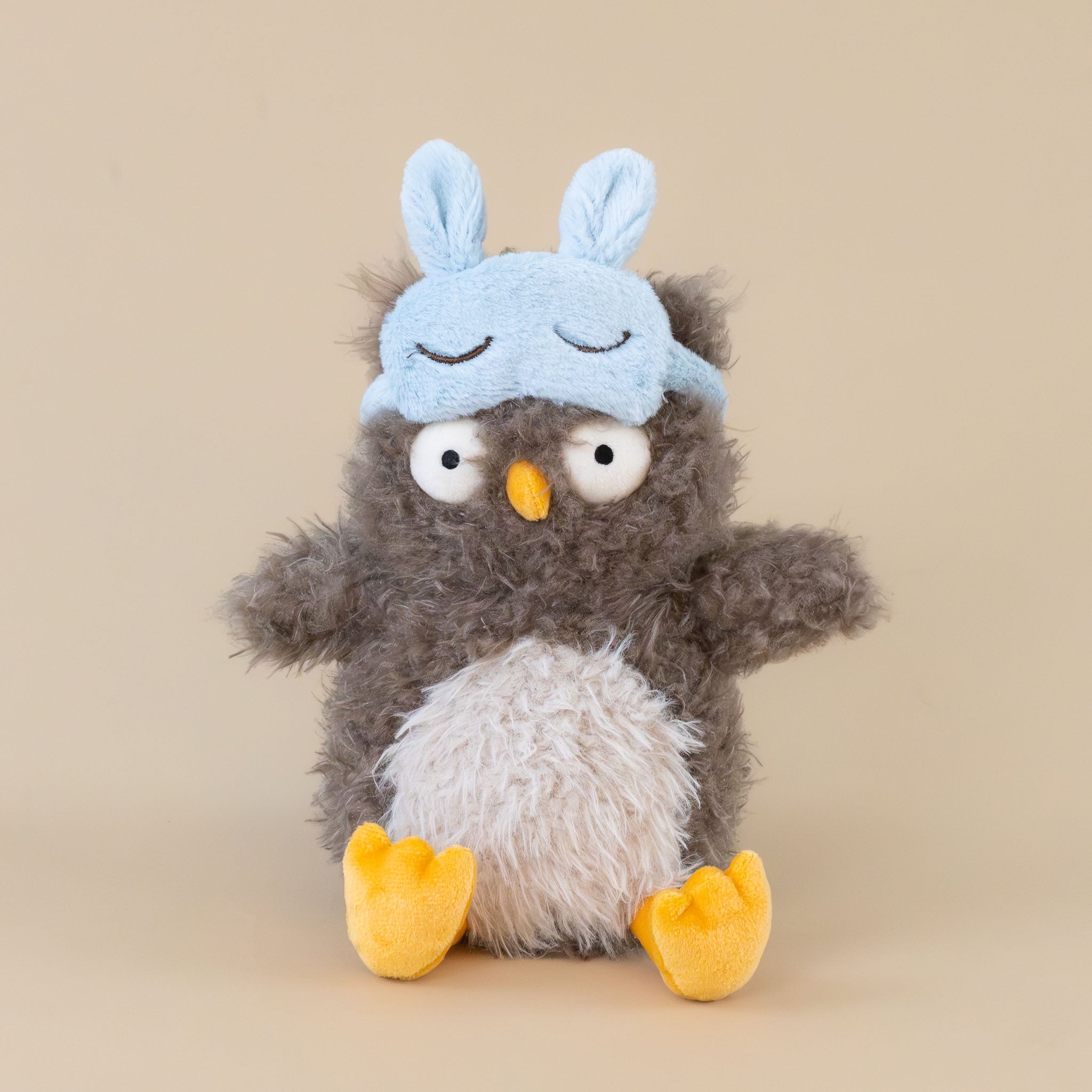 audrey-hootsoftly-owl-grey-and-white-with-yellow-beak-and-feet-and-blue-bunny-eye-cover-stuffed-animial