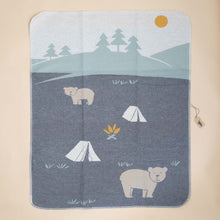 Load image into Gallery viewer, baby-blanket-camping-bears-grey-with-tents-fire-sun-trees-and-mountains