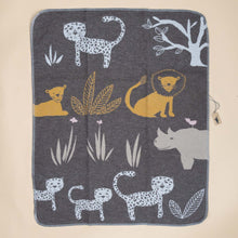 Load image into Gallery viewer, baby-blanket-jungle-with-soft-blue-yellow-beige-pink-animals-and-plants-on-charcoal-background