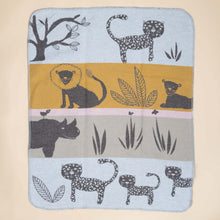 Load image into Gallery viewer, baby-blanket-jungle-with-soft-blue-yellow-beige-pink-stripes-with-charcoal-animals-and-plants-on-background