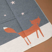 Load image into Gallery viewer, baby-blanket-starry-orange-fox-on-snowy-white-ground-showing-blanket-stitch-detail