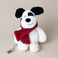 Load image into Gallery viewer, bashful-black-and-white-winter-puppy-medium-with-red-scarf