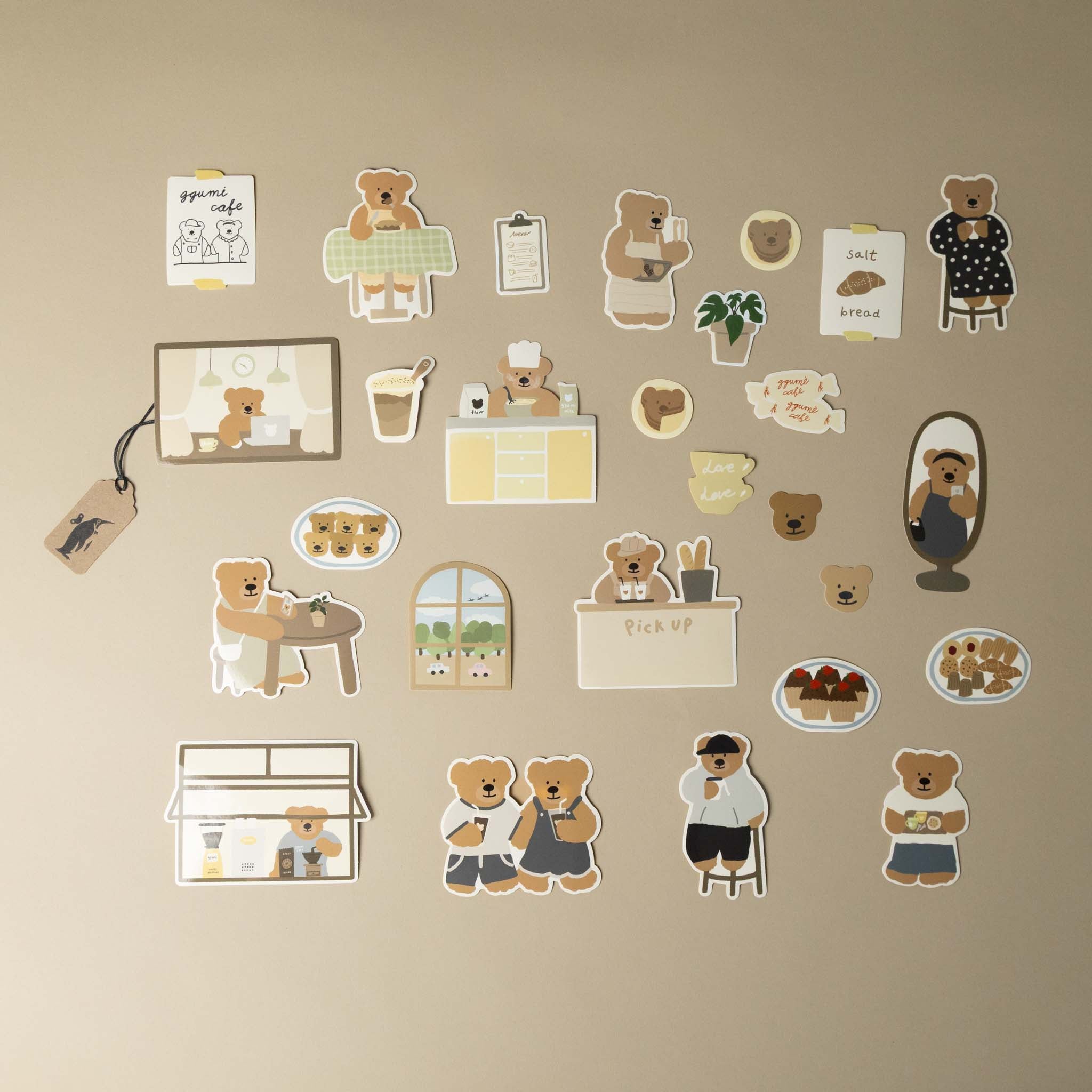 bears-cafe-tour-sticker-set Collection of bear-themed stickers on a beige background