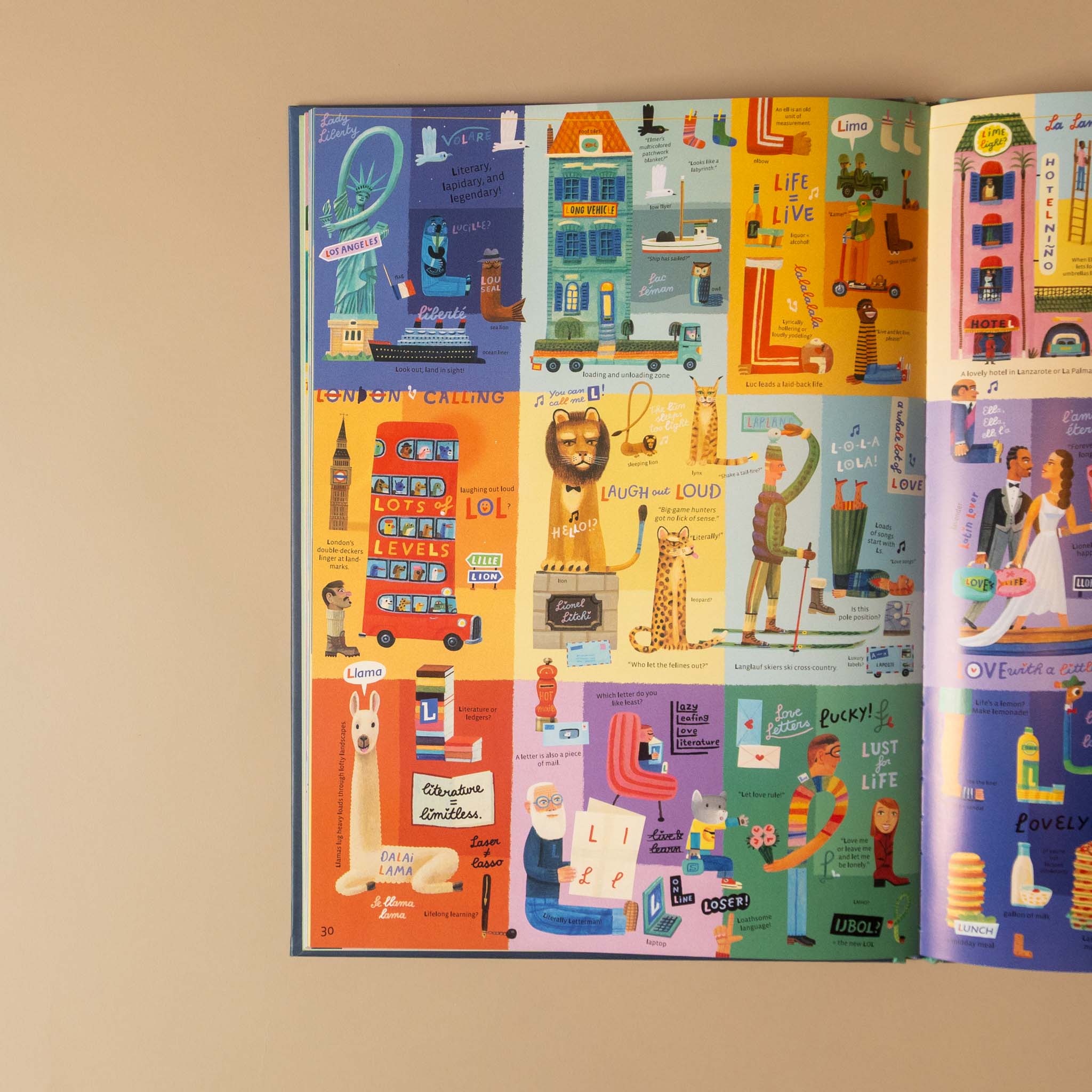 An open illustrated book or magazine spread laid flat on a beige surface, showing colorful cartoon-style panels with travel-themed illustrations and text such as 'London Calling,' 'Berlin Calling,' and 'Copenhagen Calling.'.
