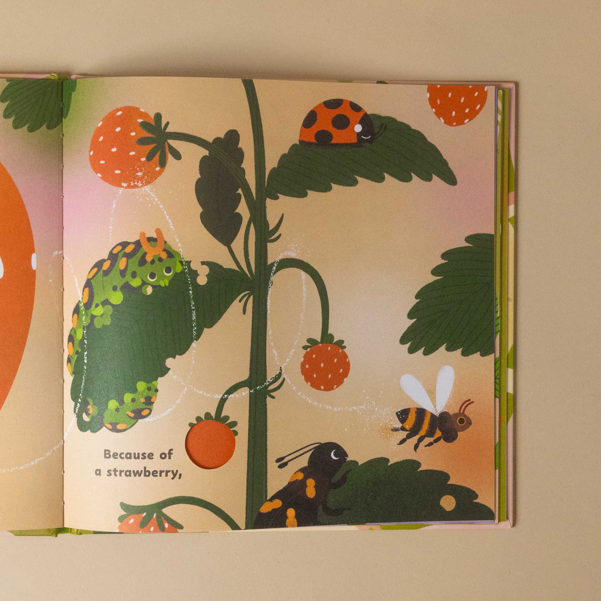 Illustrated because-of-a-bee-book page with a strawberry plant, ladybug, and bee on a beige background
