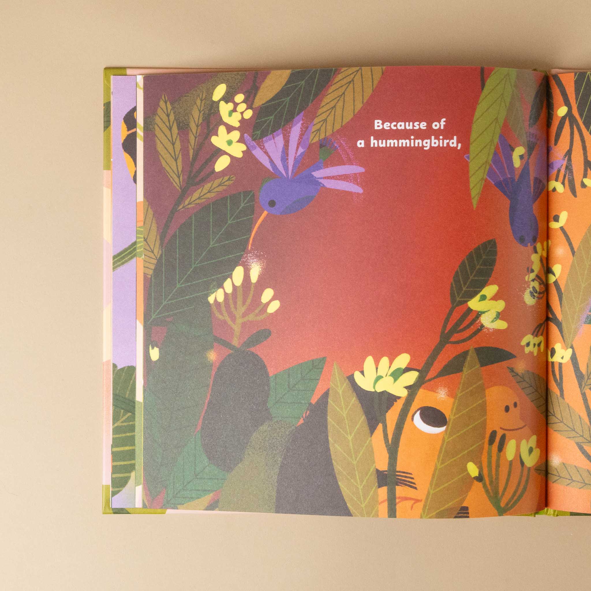 Children's because-of-a-bee-book with colorful illustrations of a hummingbird and leaves on a beige background