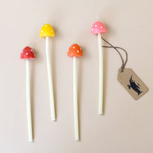 Load image into Gallery viewer, beeswax-candle-set-mushrooms-red-orange-yellow-pink-with-polka-dots