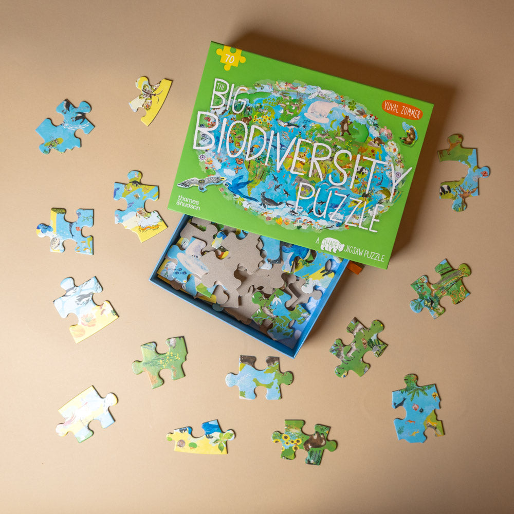 Big Biodiversity Puzzle with pieces scattered on a beige surface