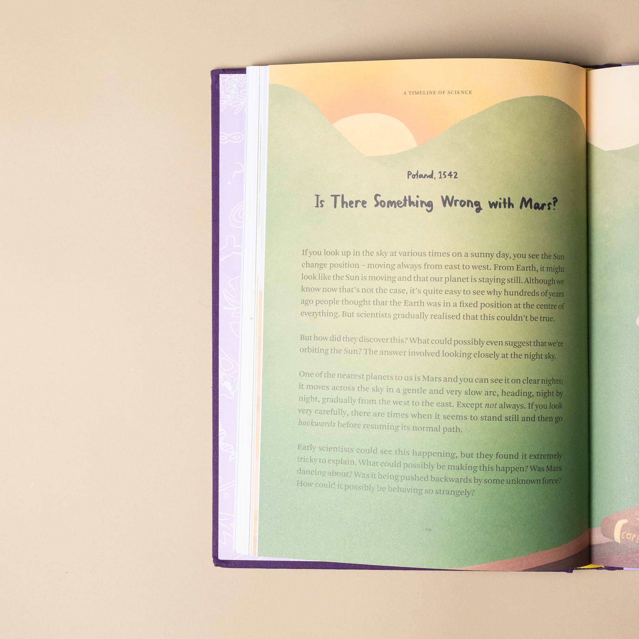 Open book with text and a scenic illustration on a beige background