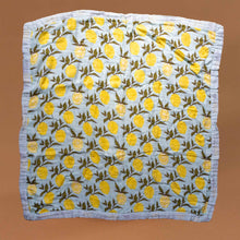 Load image into Gallery viewer, big-lovie-lemons-blanket-with-yellow-lemons-and-green-leafs-on-a-light-blue-background-square