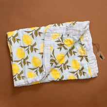 Load image into Gallery viewer, big-lovie-lemons-blanket-with-yellow-lemons-and-green-leafs-on-a-light-blue-background