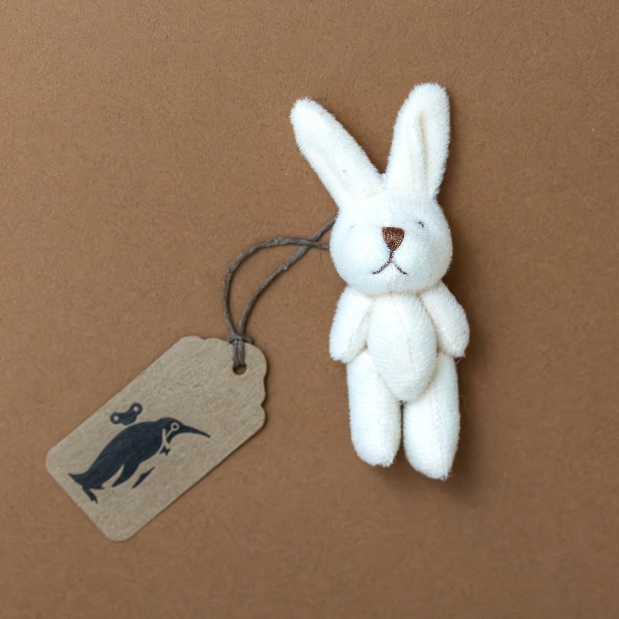 bitty-bunny-coconut_ White rabbit toy with a brown tag on a brown background