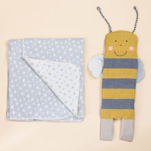 Load image into Gallery viewer, blanket-and-puppet-set-bumblebee-striped-yellow-and-grey-with-black-and-white-antennae-blanket-grey-and-cream-spots
